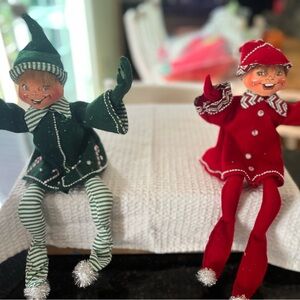Annalee 2007 Christmas Elf Dolls 14" Green & Red Snowflake Bendable Legs & Arms